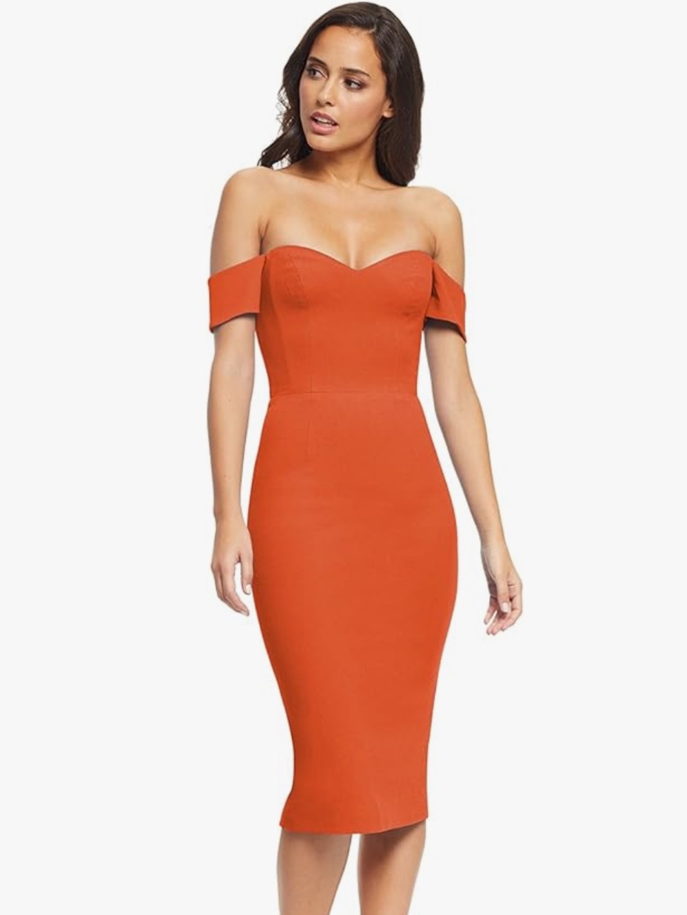 Dress the Population Off-Shoulder Bailey Midi Dress in Poppy